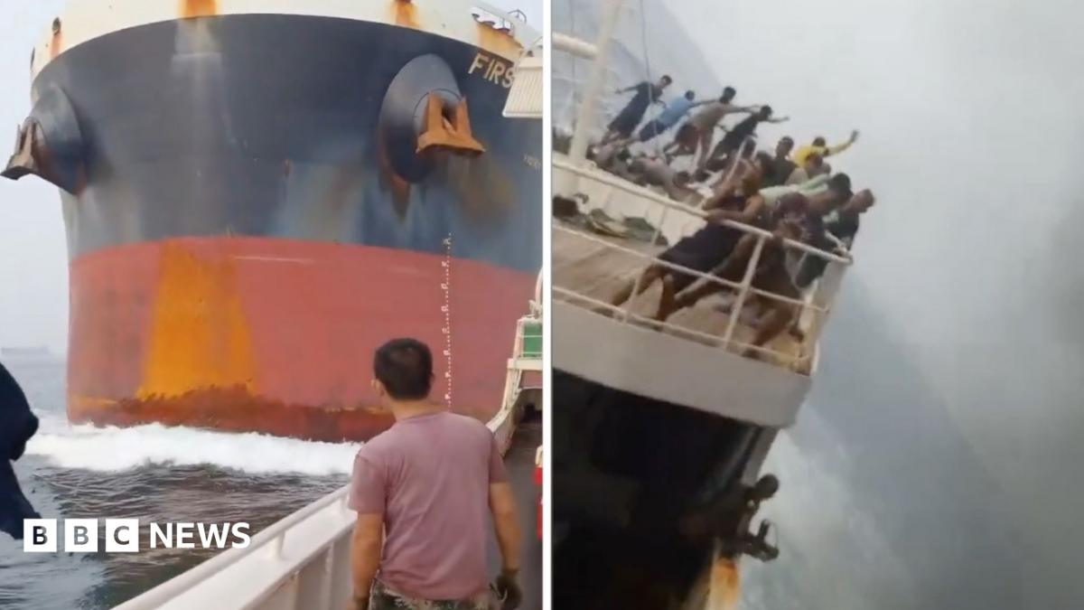Watch: Dramatic moment a cargo ship crashes into another vessel