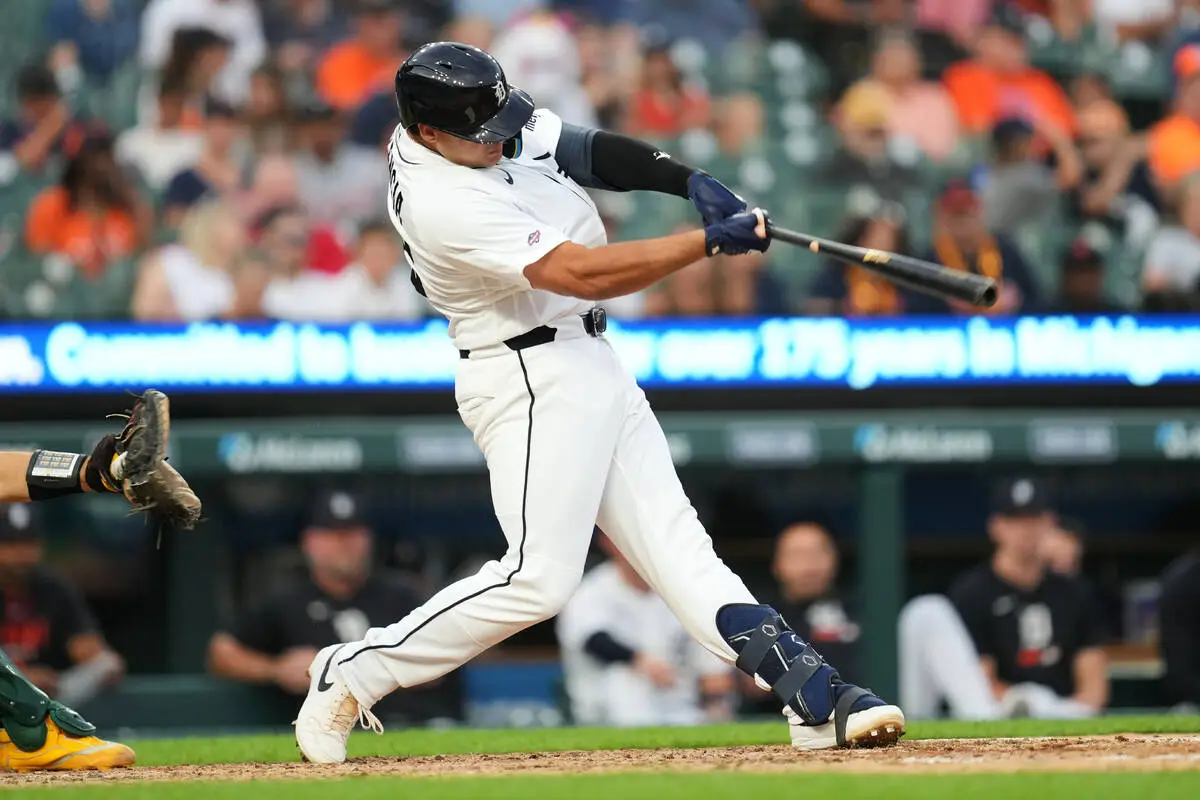 Tigers catcher homers in his 1st career at-bat in sweep of A’s