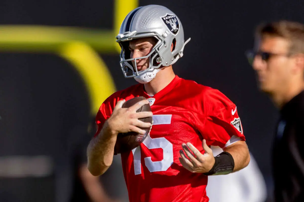 Raiders quarterback Fernando Mendoza speaks after practice