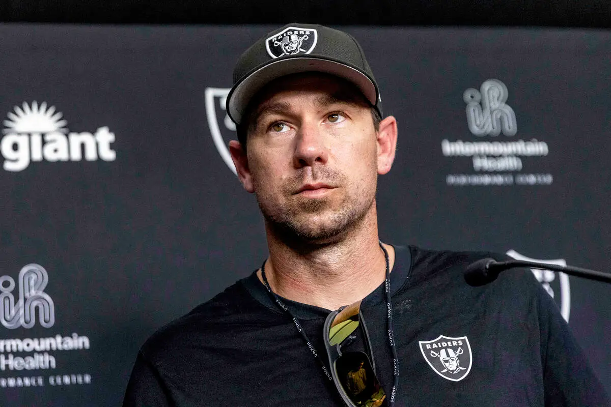 Raiders coach Klint Kubiak speaks with media after practice