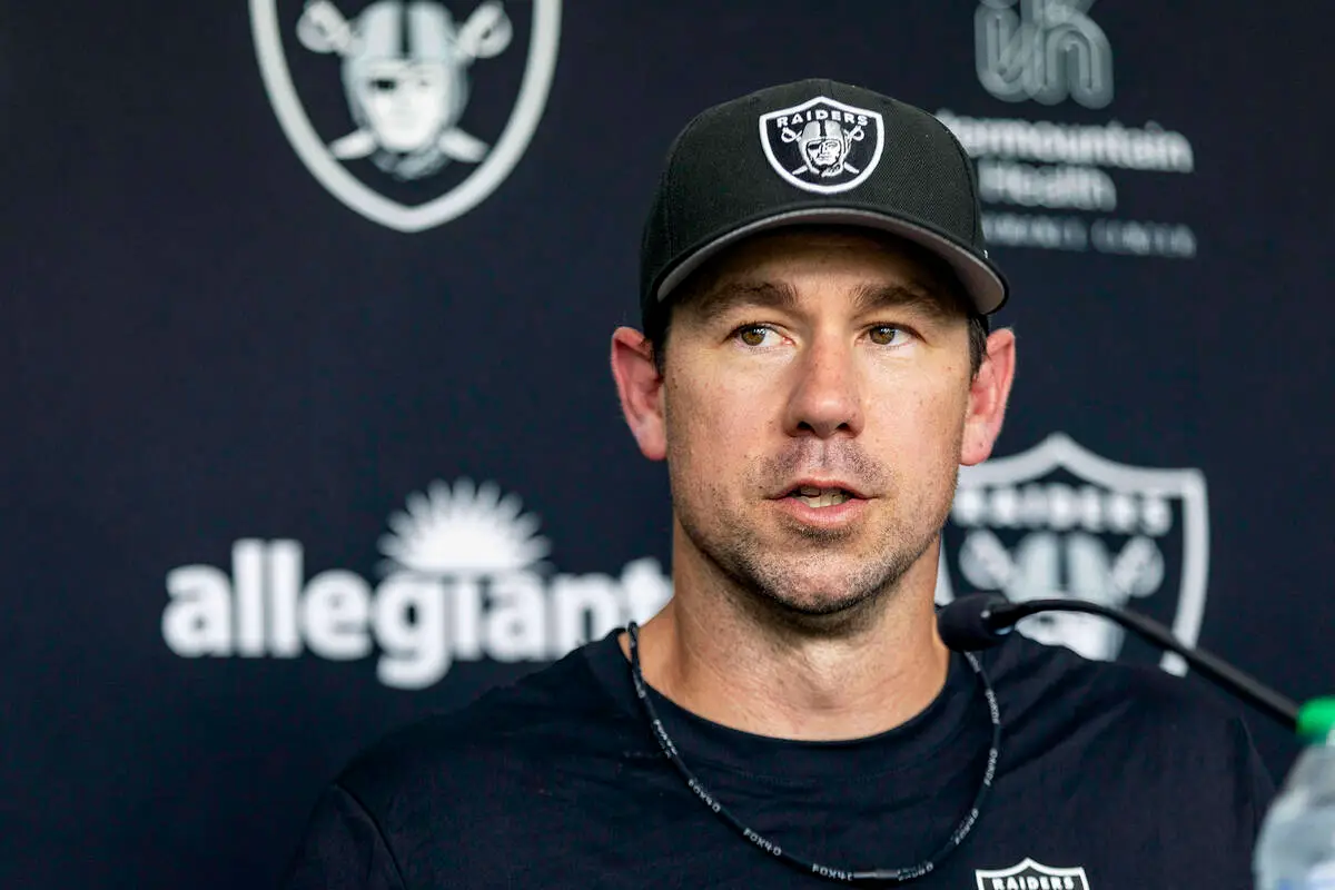 Las Vegas Raiders coach Klint Kubiak addresses the media